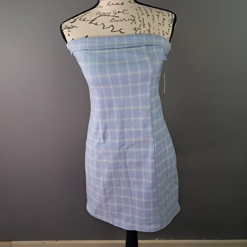 Altar'd State Light Blue Plaid Strapless Mini Dress New With Tags Size Small